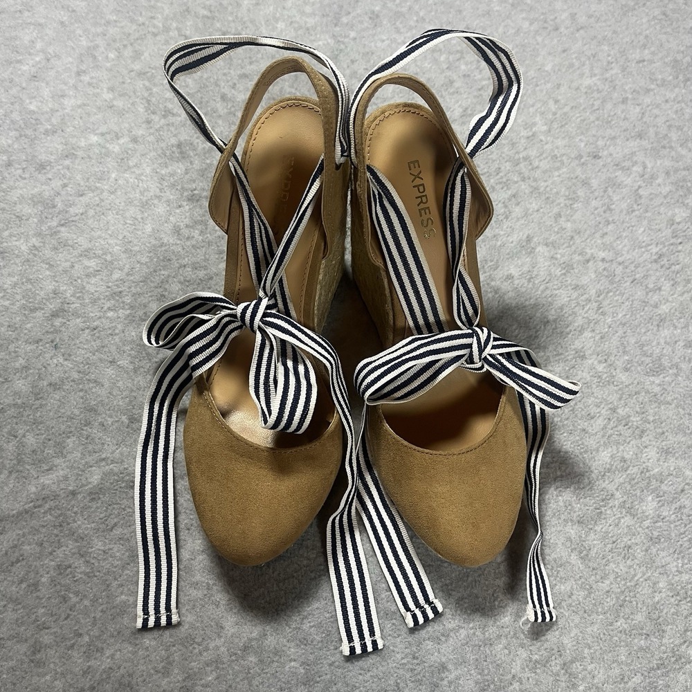 Express Espadrille Wedge Platform Sandals Women's 6 Ribbons Ankle Lace Up READ